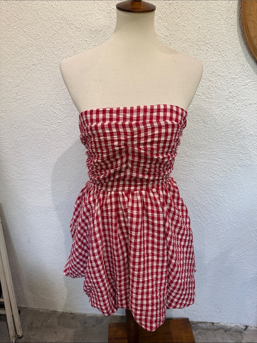By Together Red and White Gingham Strapless Shirred Sundress